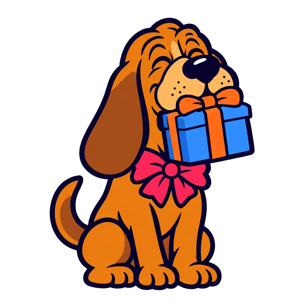 The hound wagging with a present in its mouth