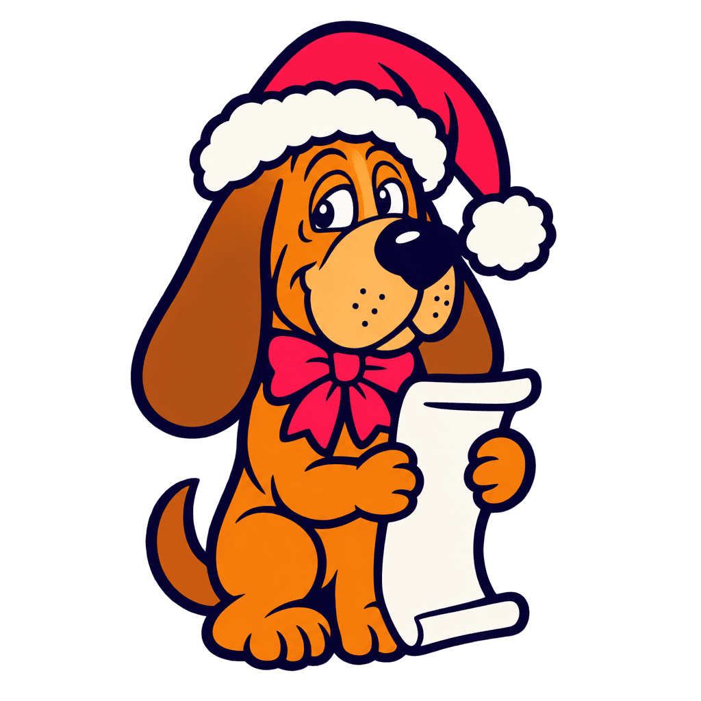 The hound in a Santa hat holding a list